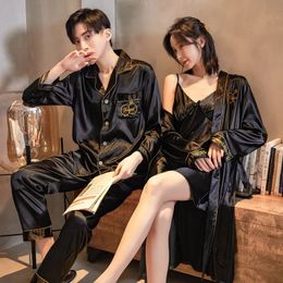 Spring Autumn Couples Pajamas Set Cute Rayon For Women Robe Sets Men Satin Sleepwear Pyjamas Suit Home Clothing Sleep 240408