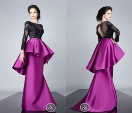 Elegant Black Lace Long Sleeve Evening Gowns Fushia Satin Ruffles Peplum Mermaid Prom Dresses Hollow Back Saudi Arabic Formal Part5521014