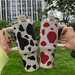 Glitter Coffee Mug with Handle Cow Print Diamond Tumbler Stainless Steel Water Bottle Travel Insulated Cup Luxury 40oz 240411