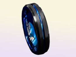 6mm Tungsten Men039s Ring Thin Blue Lineinside Black Brushed Band Atop Jewelry J1907161064972