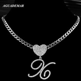 Pendant Necklaces Shiny Crystal Cursive Letters With Heart Stainless steel Metal Chain Necklace Women Men Letter Choker Necklaces Jewely Wholesale Y240420