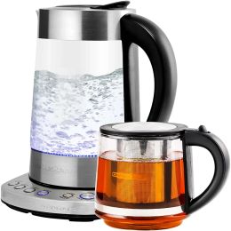 Makers Electric Glass Kettle, 1.7 Liter, Silver, Prontofill Technology, 4 Temperature Settings, Bonus of Portable Reusable.USA.NEW