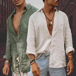 Men's Casual Shirts 2024 Mens Loose Cotton Linen Shirt Long Sleeve Beach Breathable Vacation Solid Chemise Homme