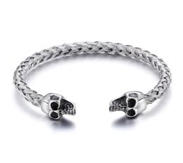 Silver Stainless Steel Cuff bangle Biker double skull head End Open Bracelet knot Wire chain2028634