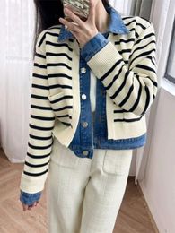 Women's Jackets 2024 Spring Women Knitted Jacket Contrast Denim Patchwork Ladies Long Sleeve Single-Breasted Fashion Coat
