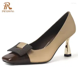 Dress Shoes PRXDONG 2024 Fashion Real Leather Spring SUmmer Women Pumps High Heels Square Toe Gold Silver Party Wedding Lady