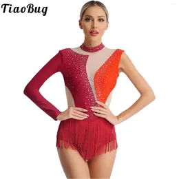 Stage Wear Womens Ballet Dance Leotard Latin Cha-Cha Figure Skating Gymnastics Performance Costume Shiny Rhinestone Tassel Fringed Bodysuit