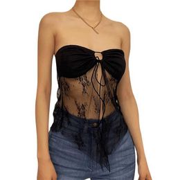 Women's Tanks Camis Xingqing Floral Lace Tube Top Off Shoulder Strapless Slveless S Through Mesh Tanks Women Bandeau Clothes 2000s Strtwear Y240420