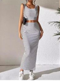 Work Dresses Fashion Striped Print Bodycon Two Piece Sets Sping Summer Casual Tank Short Top & Slim Side Slit Midi Skirt Set Streetwear