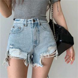 Shorts da donna Mexzt Hole Denim Shorts Women Y2K Frayed Nappel Jean Shorts Summer Strtwear Korean High Wit Slim Casual Casht Pants New Y240420