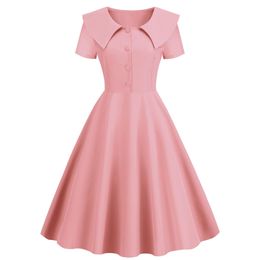 H Womens Elegant Retro Dress Lapel Short Sleeve Slim Fit Pure Colour A Line