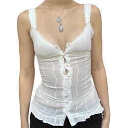 Women's Tanks Camis Xingqing 2000s Aesthetic Tank Tops 2022 Summer Women Slveless Lace Ruffle Hem U-neck Vest White Camisole Fairycore Tshirt Y240420