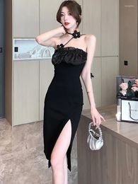 Casual Dresses Summer Black Elegant Ruffled Chic Floral Sling Sexy Dress Women Korean Vintage Hepburn Evening 2024 Fashion Luxury