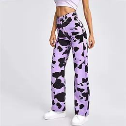 Women's Jeans Y2k Clothing High Waist Loose Pocket Purple Cow Print Pants Wide Leg Pantalones Holgados Mujer
