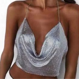 Women's Tanks Camis Sexy Tank Top Shiny Metal Sequins Bare Midriff Halter with Chain Crop Tops Women Slveless Cropped Vest Camis Tube Top Female Y240420