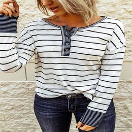 Women's T Shirts O-neck Ladies Striped T-shirt Spring And Autumn Outdoor Classic Slim Long-sleeved Loose Top