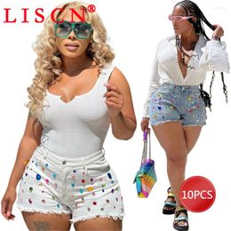 Women's Shorts 10pcs Wholesale Items For Resale Denim Summer 2024 Colourful Rhinestone Jeans Fashion Y2k Sexy Women Clothing K13200