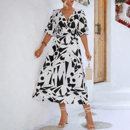 Casual Dresses Breathable Beautiful Women Geometric Pattern A-Line Midi Dress Mid-calf Length High -Waist Daily Clothing
