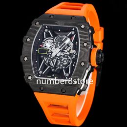 35-02 Skeletonised Automatic Mens Watch NTPT Black Carbon Fibre Swiss Tonneau Wristwatch Sapphire Crystal Waterproof Oversize Sports Watches 4 Colours