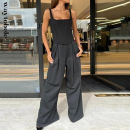 Women's Two Piece Pants Waytobele Women Set Summer Fashion Sleeveless Square Neck Suspender Slim Top Loose Wide Legs Sets Streetwear