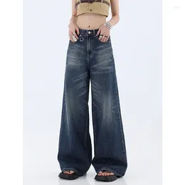 Women's Jeans Wide Leg Vintage High Street Style Black Straight Casual Waist Pants Korean Fashion Baggy Y2K Denim Trouser