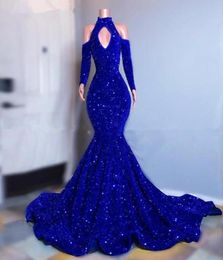 Plus Size Royal Blue Velvet sequins Prom Dresses Long Sleeves Mermaid Evening Gowns 2020 Elegant Off Shoulder Women Formal Dress118931142