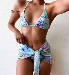 Women's Swimwear Women 3 Pieces Sets Brazilian Biquini Tie-Dye Print Diamond Sexy Thong Swimsuit Drawstring Bandage Backless Triangle