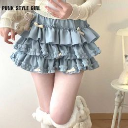 Kjolar swt bow y2k ruffles fluffy lolita korta kjolar kvinnor harajuku mini pant kjol flickor söta japanska a-line veckade mini kjolar y240420