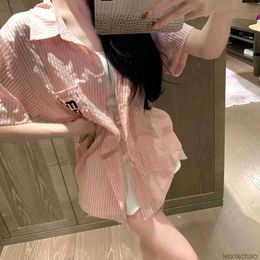 Miui Clothes Luxury Clothes Woman Blouse Striped Heavy Industry Pearl Shirt Womens Fashion Pocket Letter Embroidered