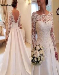 2019 vintage Wedding Dresses A Line Sheer scallop neck long sleeves Backless Lace applique and Satin Bridal Wedding Gowns court tr6793985