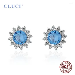 Stud Earrings CLUCI Silver 925 Big Blue Zircon Sunflower For Women Wedding Engagement Sterling Jewellery DE018SB