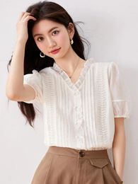 Women's Blouses Women White Chiffon Short Sleeve Blouse Blusas Mujer De Moda 2024 Summer Fashion Ruffles V-Neck Work Casual Shirts Tops