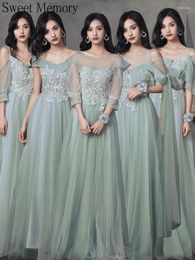 Party Dresses Grey Green Evening Dress Long Gown Girl Appliques Lace Up Tulle Vestidos Elegant Women Wedding Bridesmaid