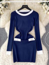 Casual Dresses SINGREINY Office Lady Knitted Dress O Neck Long Sleeves Buttons France Chic Senior Simple Style Female Skinny Bodycon Midi