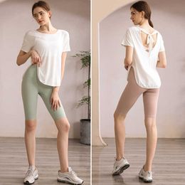 Lulemen tops shorts Yoga suit womens short sleeved 2024 spring summer new running exercise Pilates training fitness top set