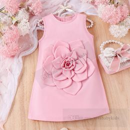 Kids stereo flower applique vest dresses lovely girls pink princess dress summer children birthday party clothing Z7799