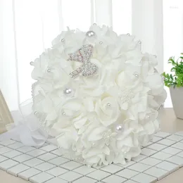 Decorative Flowers Y-P006 Wholesale Wedding Pearl Artificial Flower Hand Holding Bridal Bouquet With Rhinestone For Decor