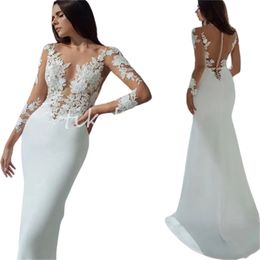 Chic Mermaid Boho Wedding Dresses 2024 Sheer Neck Long Sleeve Satin Bohemian Bridal Dress Illusion Button Back Soft Satin Bride Dress Simple Civil Vestidos De Novia