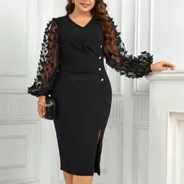 Casual Dresses Mesh Sleeve Dress Elegant V Neck Plus Size For Formal Events Sheath Slim Fit Midi With Split Hem Button Decor