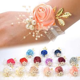 Chain Girls Bridesmaid Wrist Flowers Wedding Prom Party Boutonniere Satin Rose Bracelet Fabric Hand Flowers Wedding Supply Accessories Y240420