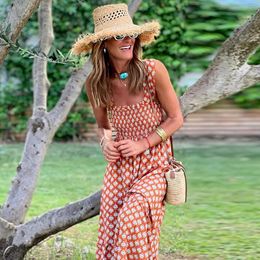 Casual Dresses Summer Boho Style Tank Long Dress Square Neck Sleeveless Ruffle Beach Sun Female A-Line Slim Waist Holiday