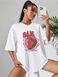 Womens Fashion Casual TShirt Summer ShortSleeved Red Letters Strawberry Print Tops for Ladies Round Neck Cotton T Shirt 240410