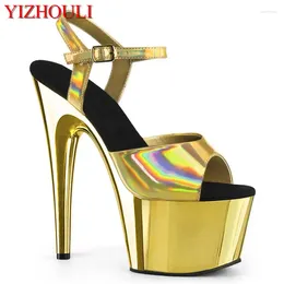 Dance Shoes Sexy Summer Sandals 17 Cm Gold Plated Stiletto Heels At Model Nightclub Shiny Steel Dancing