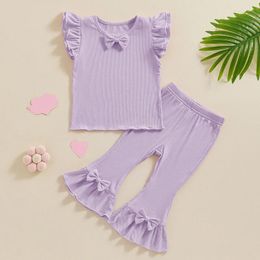 Clothing Sets 1-4Y Summer Children Kids Girls Ribbed Solid Ruffles Bowknot T-shirts Tops Flare Pants Casual Outfits