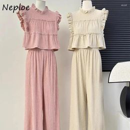 Women's Two Piece Pants Neploe Stand Collar Sleeveless Ruched Tops Women Y2k Elastic Waist Loose Wide Leg 2024 Summer Sets