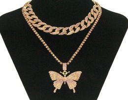 Hip Hop Iced Out Rhinestone Big Butterfly Pendant Necklace Cuban Chain Set for Women Statment Bling Crystal Animal Choker Jewelry7252957