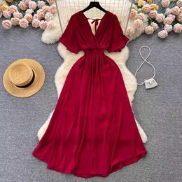 Urban Sexy Dresses Yuoomuoo Chiffon Solid Bohemian Maxi Dress Sexig backless Bandage Vacation Outfits Summer Dress Elegant Two Layers Party Vestidos Y240420