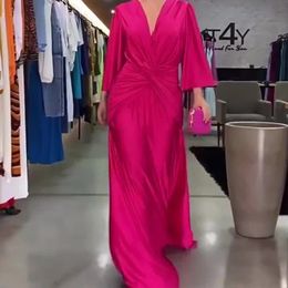 Womens Casual High Waist Slim Party Dress Autumn Elegant Solid Draped Robe Sexy Lady V-neck Twisted Half Sleeve 240417