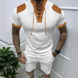 Men's Tracksuits Summer American Retro Loose Casual Wear Suit Elegant Fashion Handsome Splicing V Neck Tie Short Sleeve Shorts Chic Tops