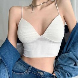 Women's Tanks Camis Women Camisole Slim Fit Sexy Stretch Push Up Bra with Chest Pads Cropped Navel Short Tube Top V-Neck Tops Sexy Babes Suspenders Y240420